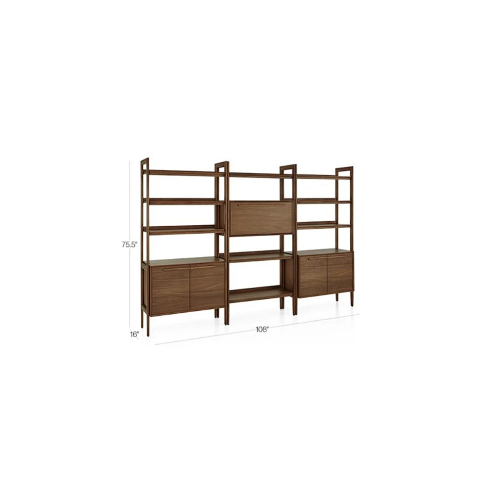 Tate 108" Walnut Bookcase Bar Cabinet with 2 Bookcase Cabinets