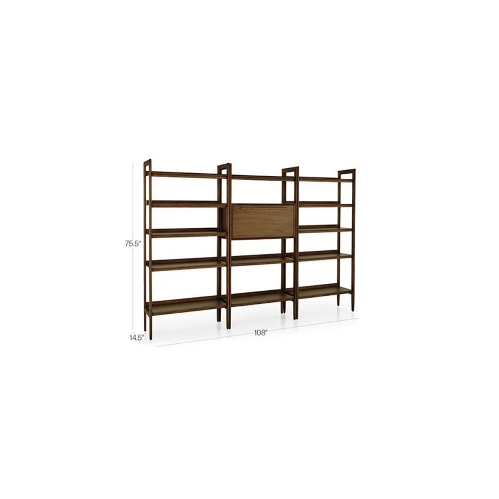 Tate 108" Walnut Bookcase Bar Cabinet with 2 Wide Bookcases