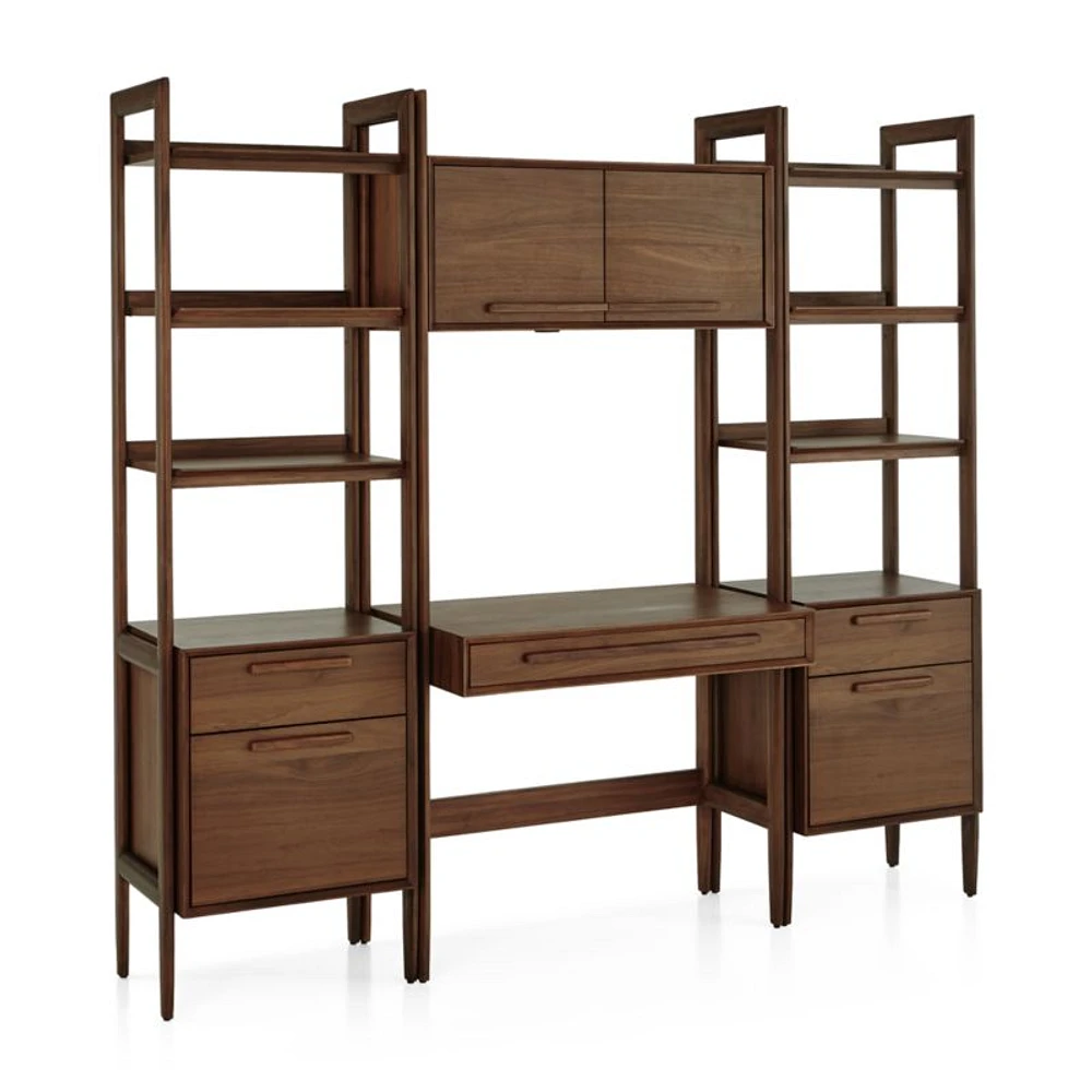 Tate Walnut Bookcase Desk with Outlet with 2 Bookcase File Cabinets.