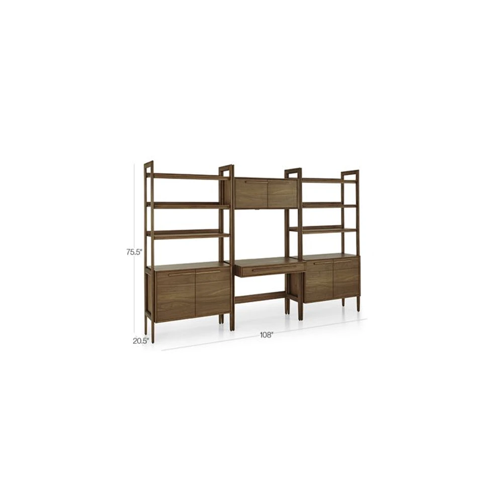 Tate Walnut Bookcase Desk with Outlet with 2 Bookcase Cabinets