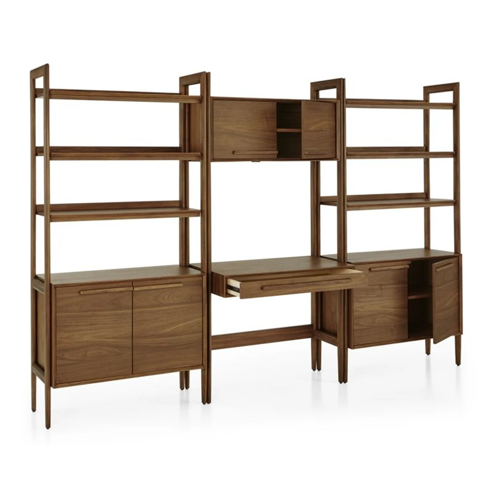Tate Walnut Bookcase Desk with Outlet with 2 Bookcase Cabinets