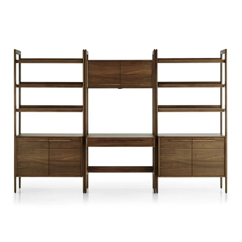 Tate Walnut Bookcase Desk with Outlet with 2 Bookcase Cabinets