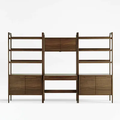 Tate Walnut Bookcase Desk with Outlet with 2 Bookcase Cabinets