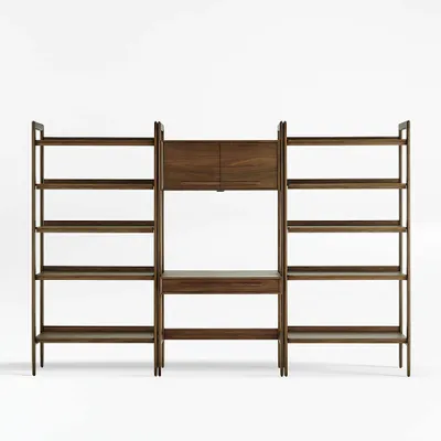 Tate Walnut Bookcase Desk with Outlet with 2 Wide Bookcases