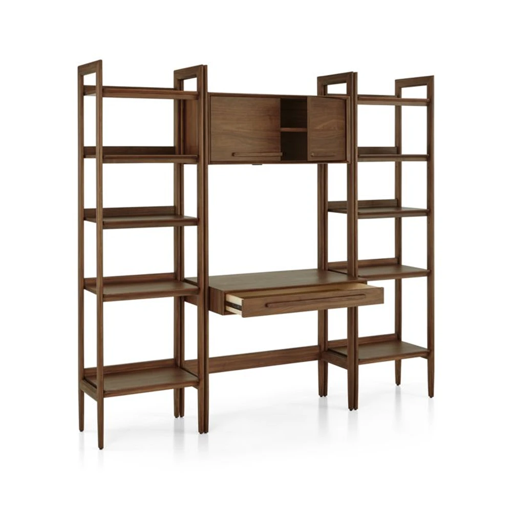 Tate Walnut Bookcase Desk with Outlet with 2 Bookcases