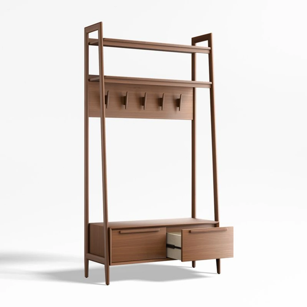 Tate Walnut Wood Hall Tree with Bench and Shoe Storage