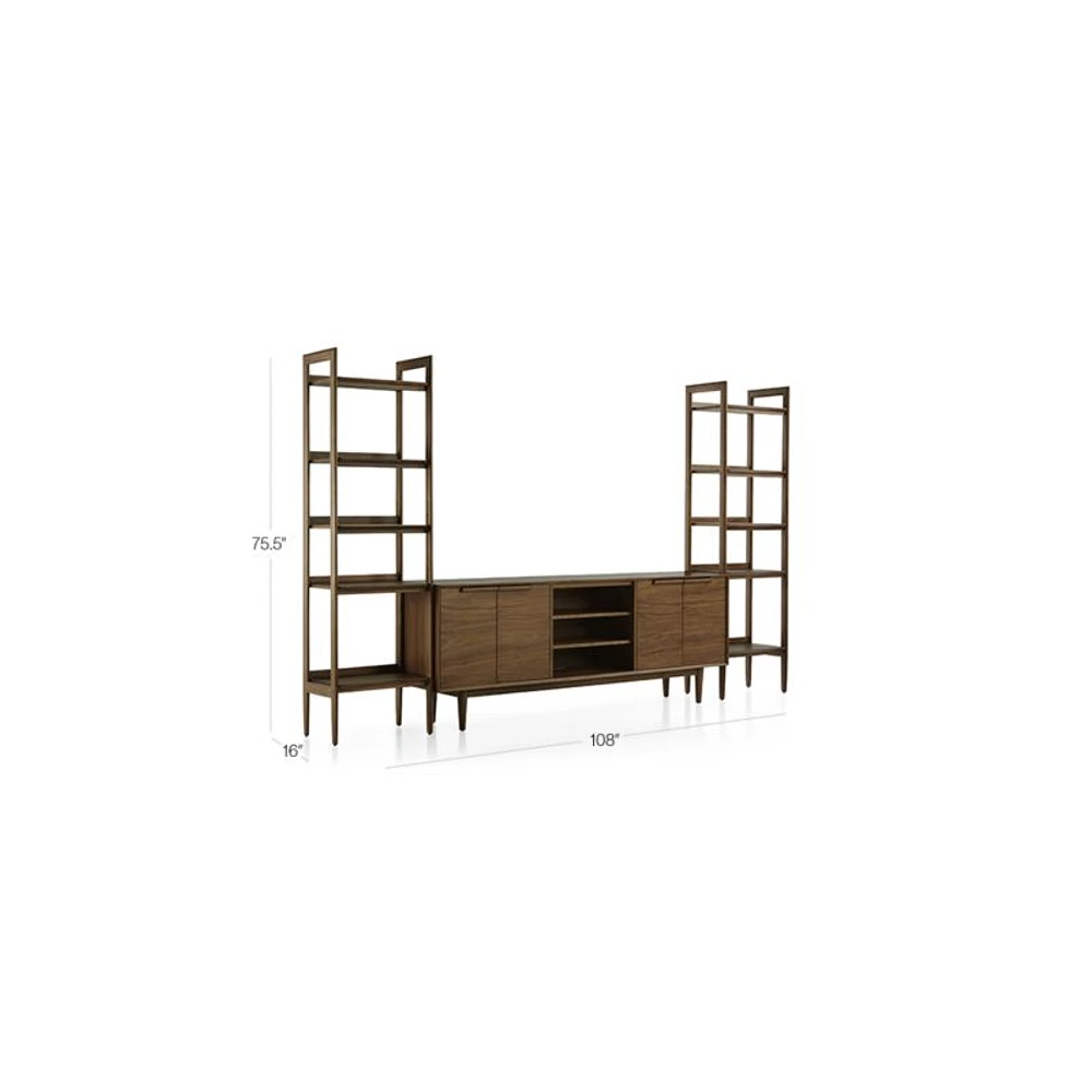 Tate 108.5" Walnut Storage Media Console and Bookshelf Set