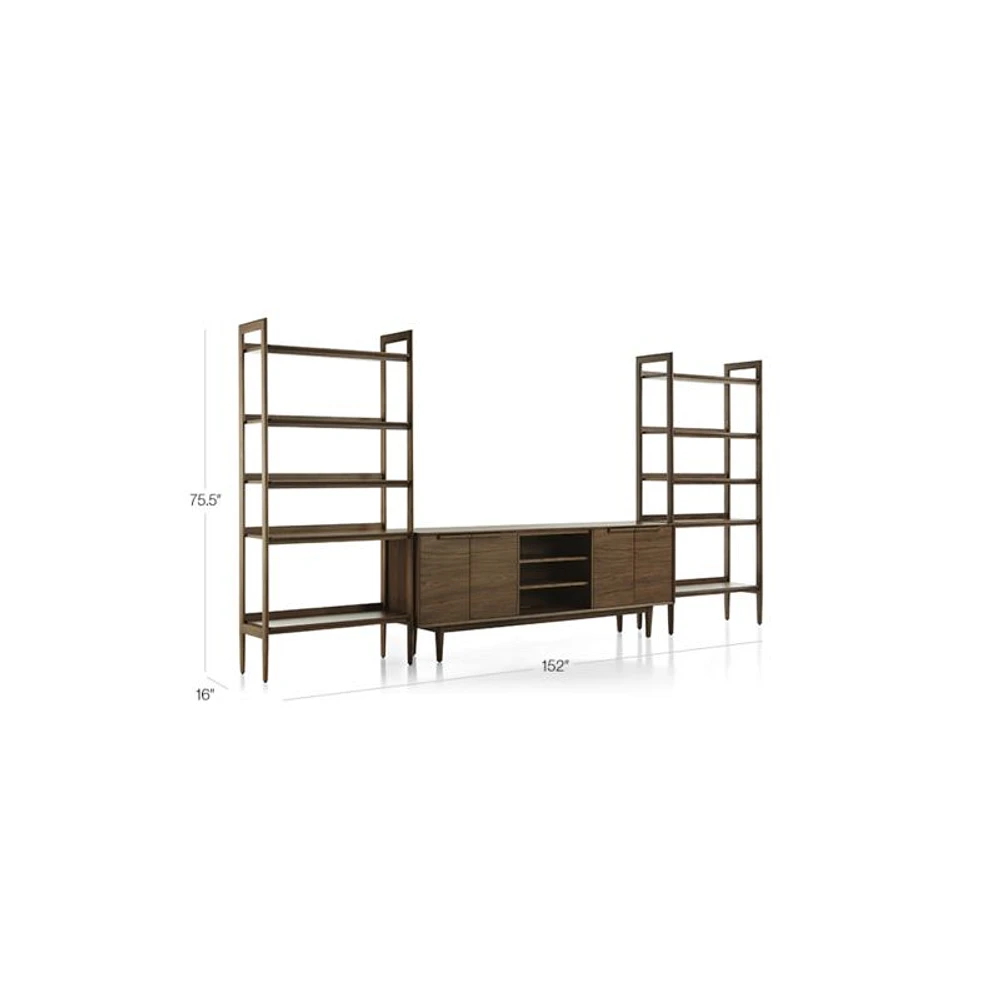 Tate 152" Walnut Storage Media Console and Bookshelf Set