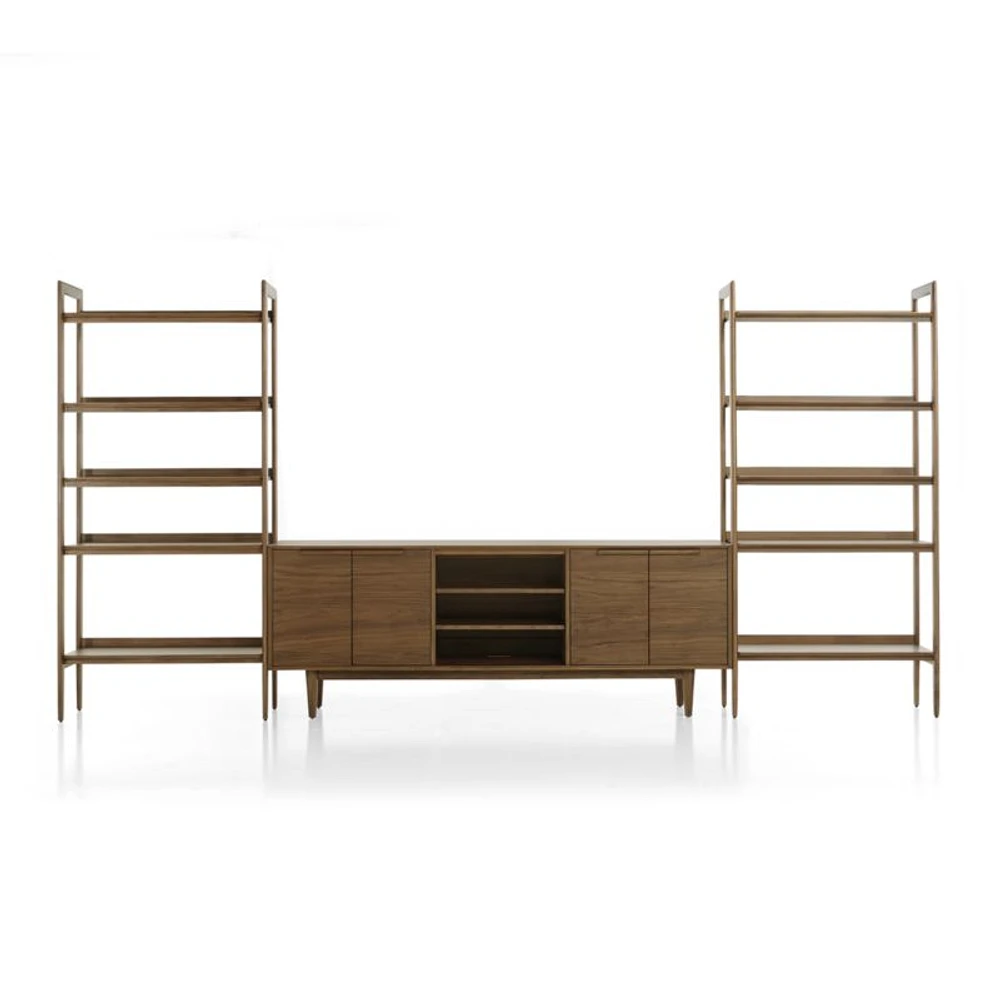 Tate 152" Walnut Storage Media Console and Bookshelf Set