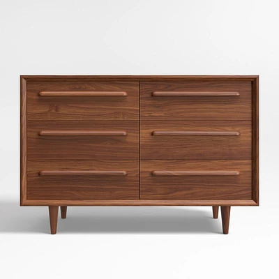 Tatum Walnut Mid-Century Kids Wood 6-Drawer Wide Dresser