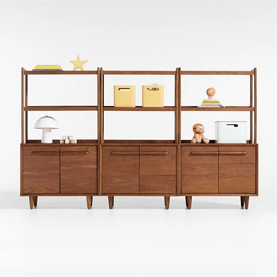 Tatum Set of Modular Walnut Wood 2-Door Kids Storage Bookcases with Hutches