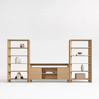 Terrazza 72" Natural Solid Oak Wood Storage Media Console with 2 Open Bookcases