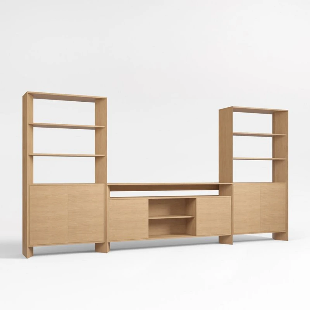 Terrazza 72" Natural Solid Oak Wood Storage Media Console with 2 Storage Bookcases