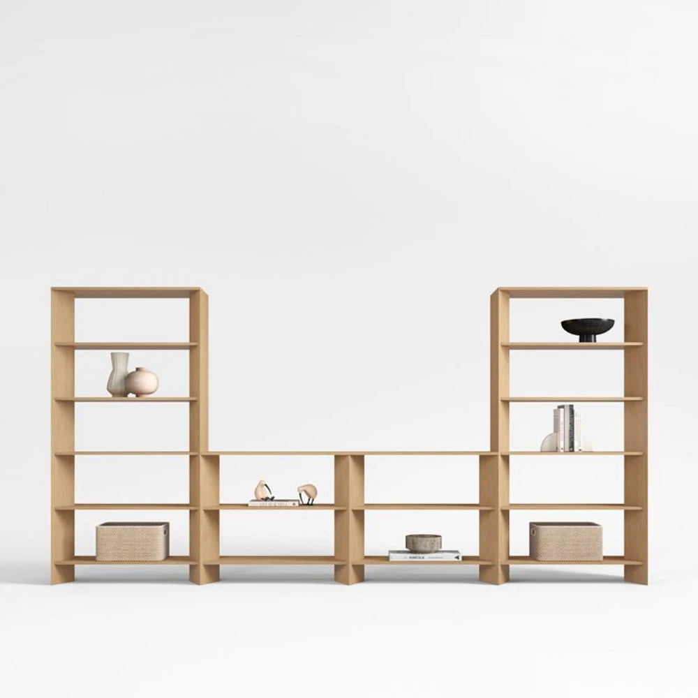 Terrazza 76" Natural Solid Oak Wood Open Media Console with 2 Open Bookcases