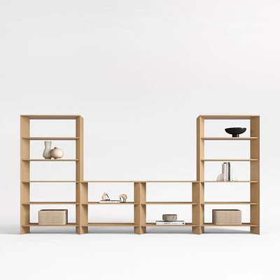 Terrazza 76" Natural Solid Oak Wood Open Media Console with 2 Open Bookcases