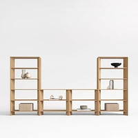 Terrazza 76" Natural Solid Oak Wood Open Media Console with 2 Open Bookcases