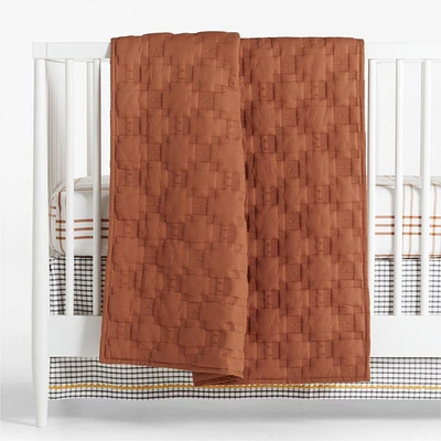 Almond Brown Geometric Stitch Embroidered Cotton Baby Crib Quilt