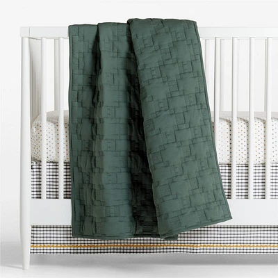 Pine Green Geometric Stitch Embroidered Cotton Baby Crib Quilt
