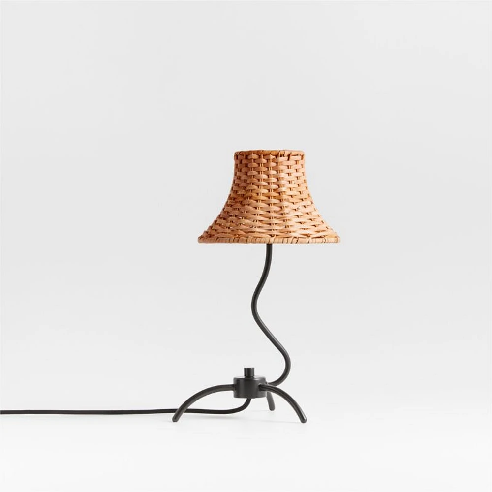 Bibelot Wavy Black Metal Mini Table Lamp with Rattan Shade by Athena Calderone 15.6"