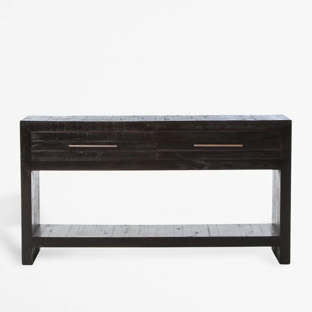 Theo 60" Rectangular Black Acacia Wood Storage Console Table with Shelf