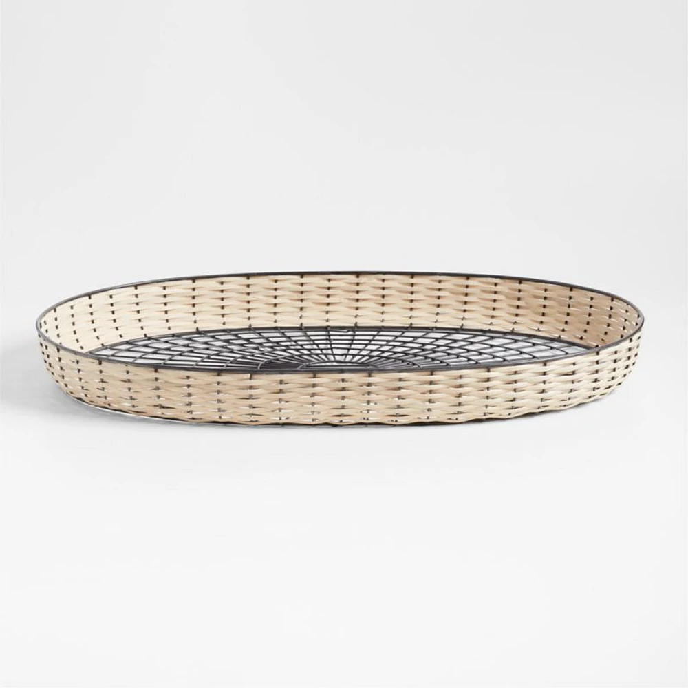 Toma Oval Black and Off White Rattan and Metal Decorative Tray 30"