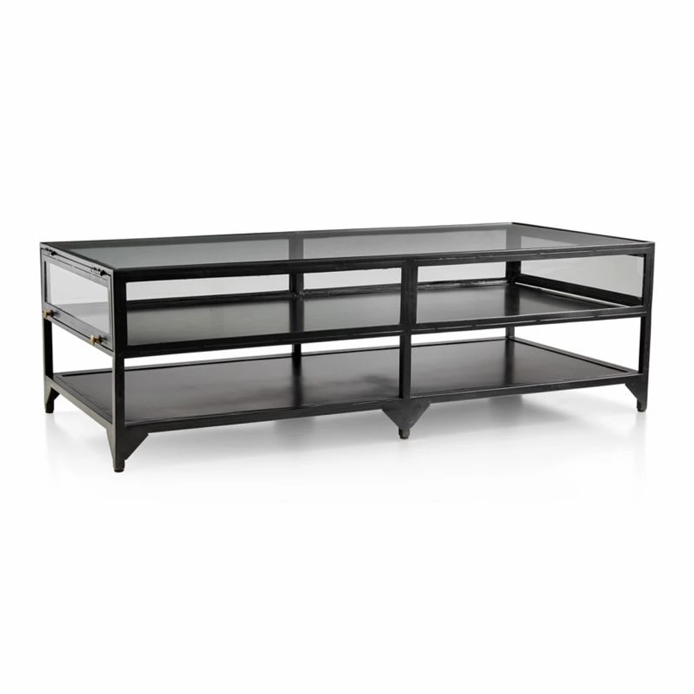 Ventana Black Iron and Glass 52" Rectangular Storage Coffee Table