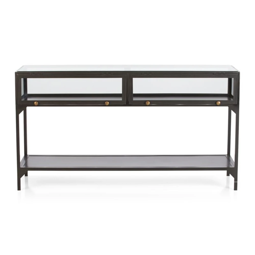 Ventana 54" Rectangular Black Iron and Glass Storage Console Table