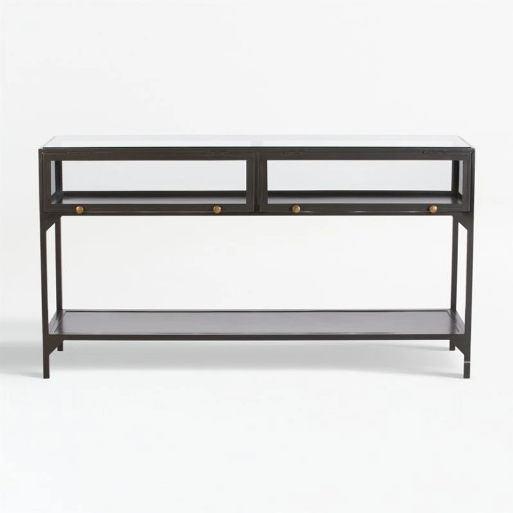 Ventana 54" Rectangular Black Iron and Glass Storage Console Table
