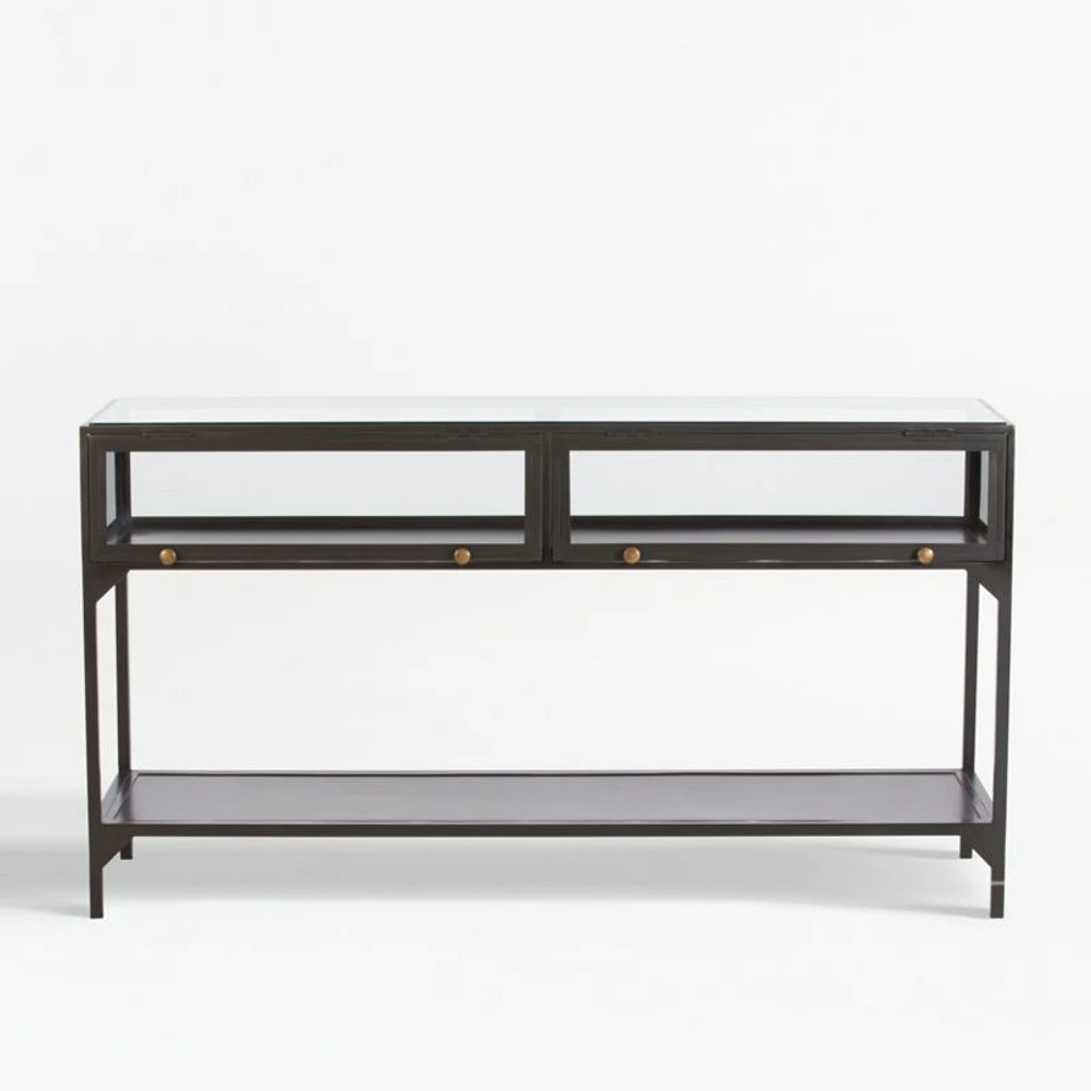 Ventana 54" Rectangular Black Iron and Glass Storage Console Table