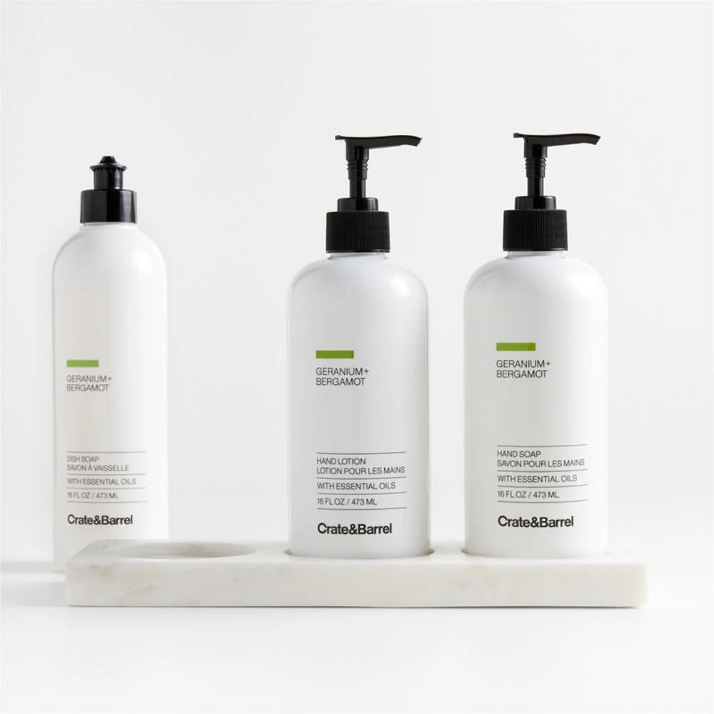 Geranium + Bergamot Hand Soap, Lotion and Dish Soap Set with White Marble Caddy