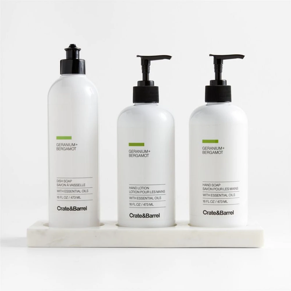 Geranium + Bergamot Hand Soap, Lotion and Dish Soap Set with White Marble Caddy