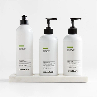 Geranium + Bergamot Hand Soap, Lotion and Dish Soap Set with White Marble Caddy