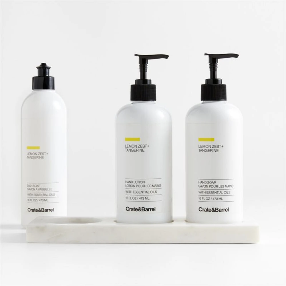 Lemon + Tangerine Hand Soap, Lotion and Dish Soap Set with White Marble Caddy