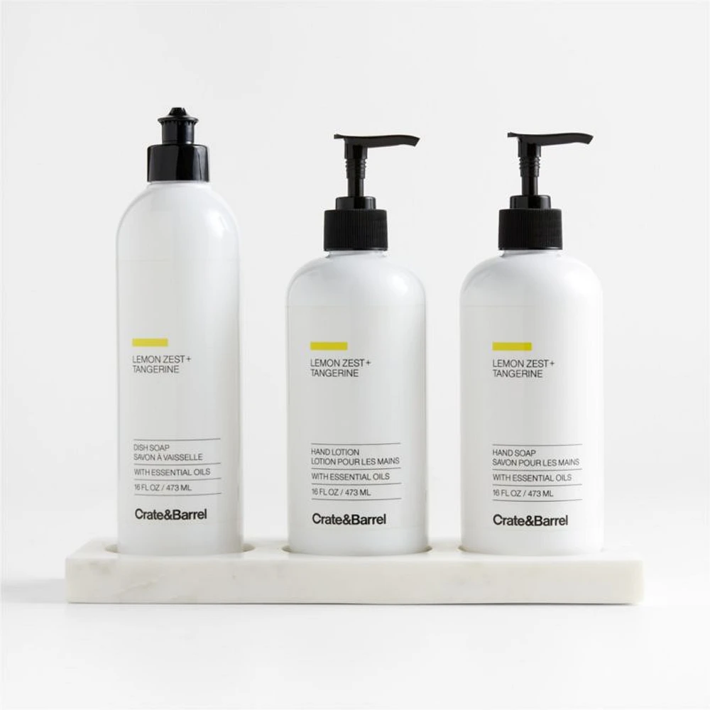 Lemon + Tangerine Hand Soap, Lotion and Dish Soap Set with White Marble Caddy