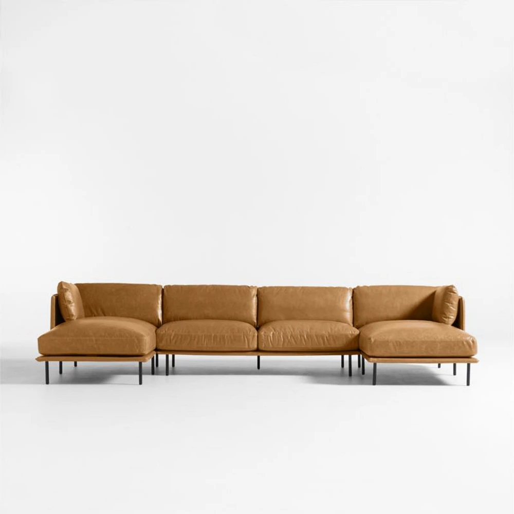 Wells Leather 3-Piece Double-Chaise Sectional Sofa