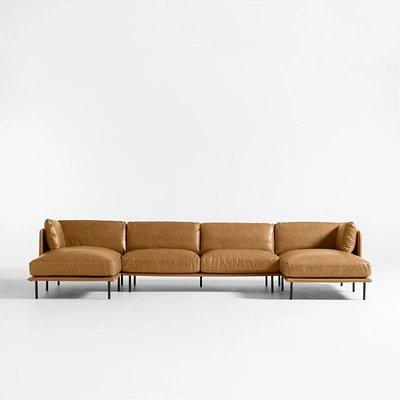 Wells Leather 3-Piece Double-Chaise Sectional Sofa