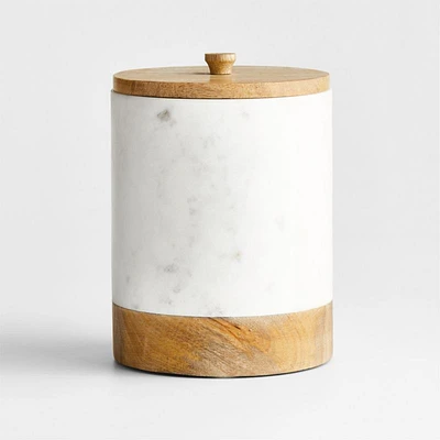 Large White Marble Canister with Wood Lid