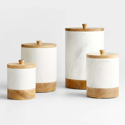 White Marble and Wood Canister Set