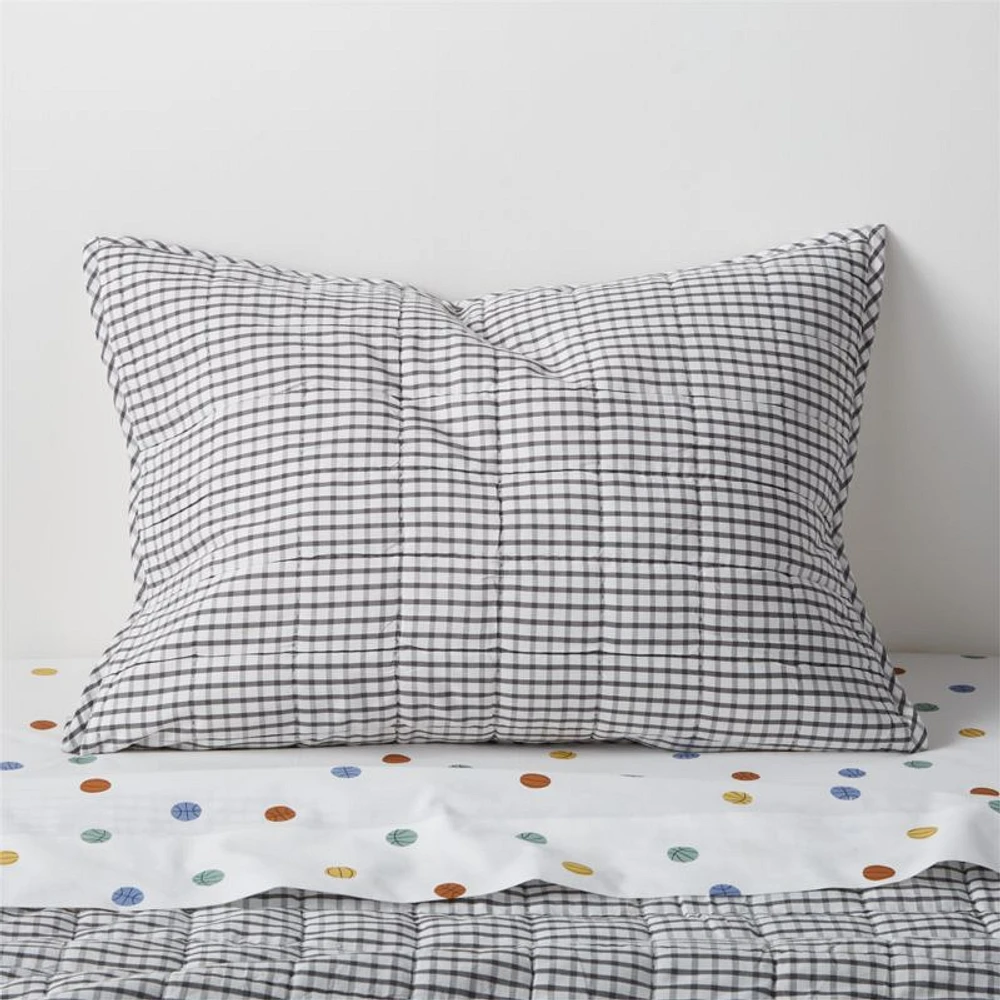 Kids Grey Windowpane Plaid Cotton Pillow Sham