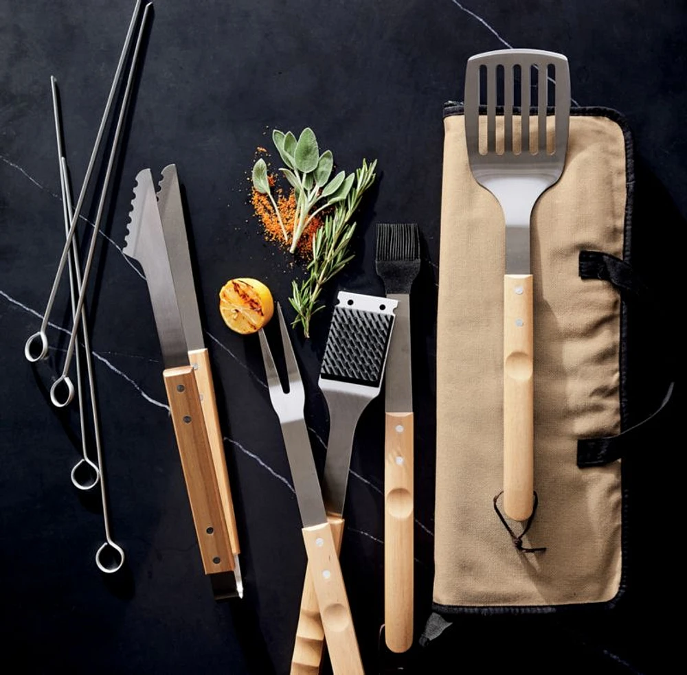 Wood-Handled 9-Piece Barbecue Tool Set