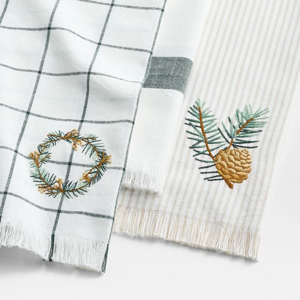 Wreath Embroidered and Windowpane Organic Cotton Kitchen Towels, Set of 3