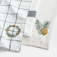 Wreath Embroidered and Windowpane Organic Cotton Kitchen Towels, Set of 3