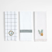 Wreath Embroidered and Windowpane Organic Cotton Kitchen Towels, Set of 3
