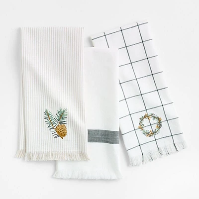 Wreath Embroidered and Windowpane Organic Cotton Kitchen Towels, Set of 3