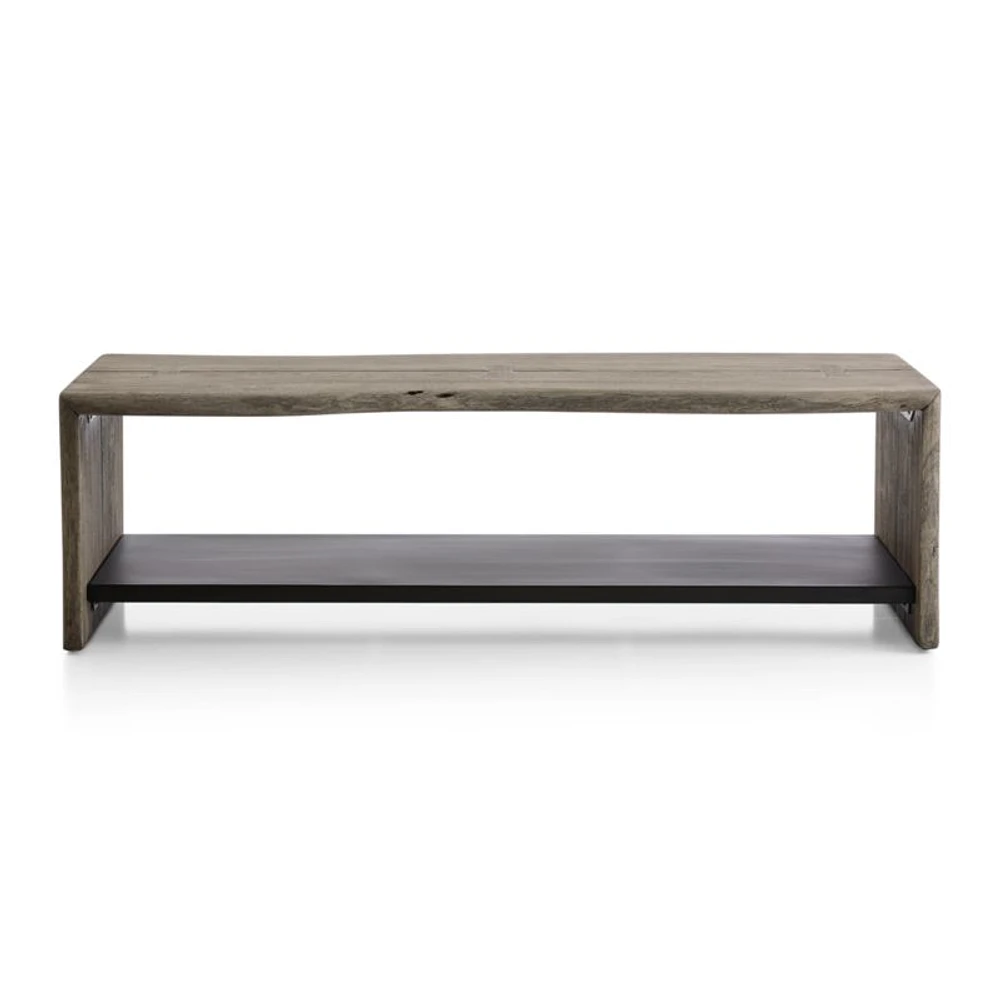 Yukon Weathered Grey Live Edge Solid Wood Storage Entryway Bench with Shelf