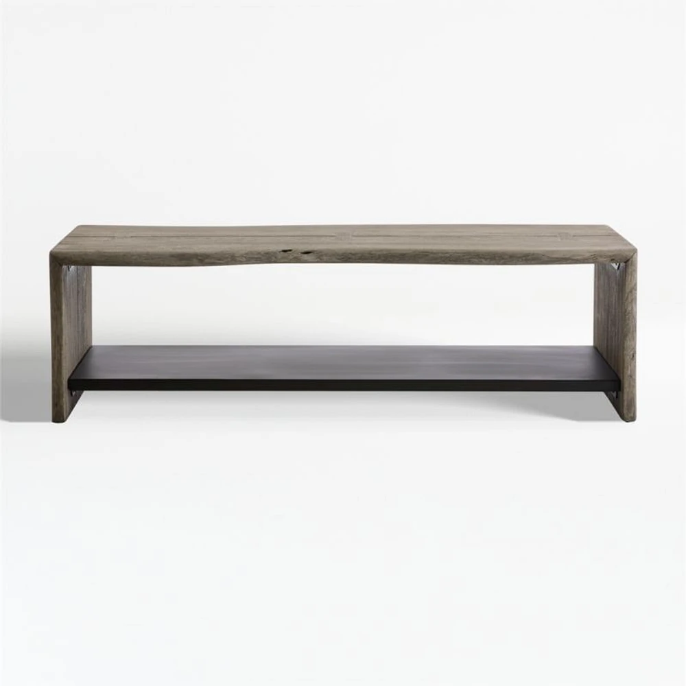 Yukon Weathered Grey Live Edge Solid Wood Storage Entryway Bench with Shelf