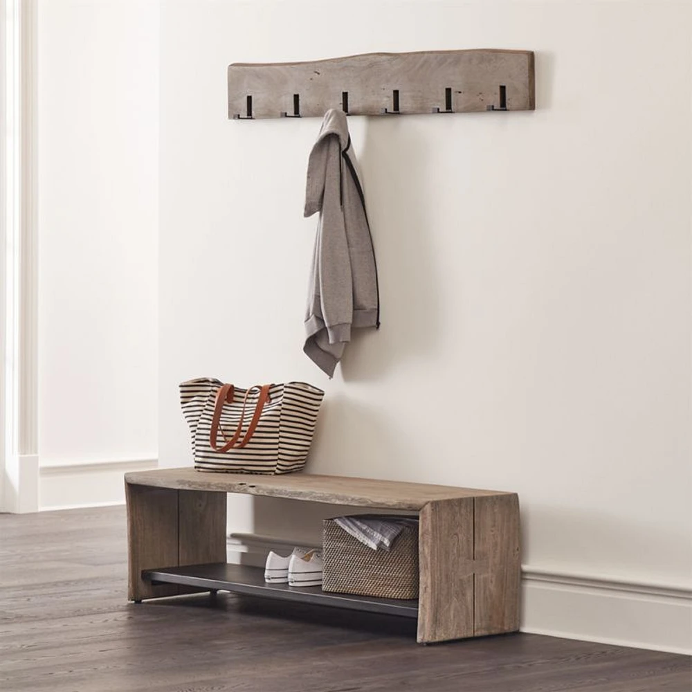 Yukon Weathered Grey Live Edge Solid Wood Storage Entryway Bench with Shelf