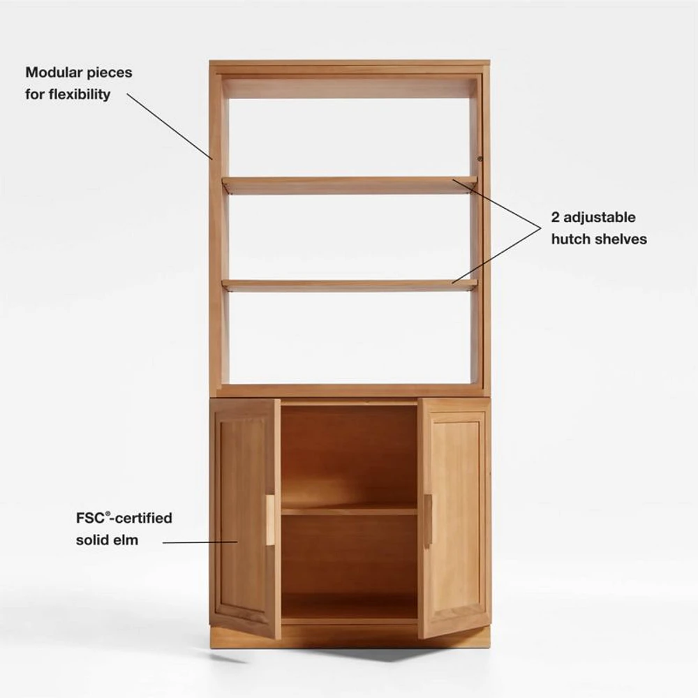 Calypso Natural Elm Modular Wood-Door Base and Bookshelf Hutch