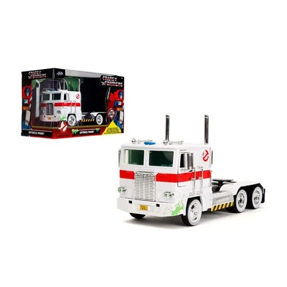 Transformers G1 Optimus Prime Big Rig with Ghostbusters Ecto-1 Graphics Scale Die-Cast Metal Vehicle