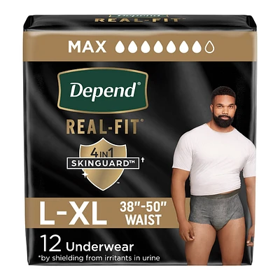 Depend Real Fit Incontinence Pants for Men - Maximum - Large/Extra Large - Grey/Black - 12's